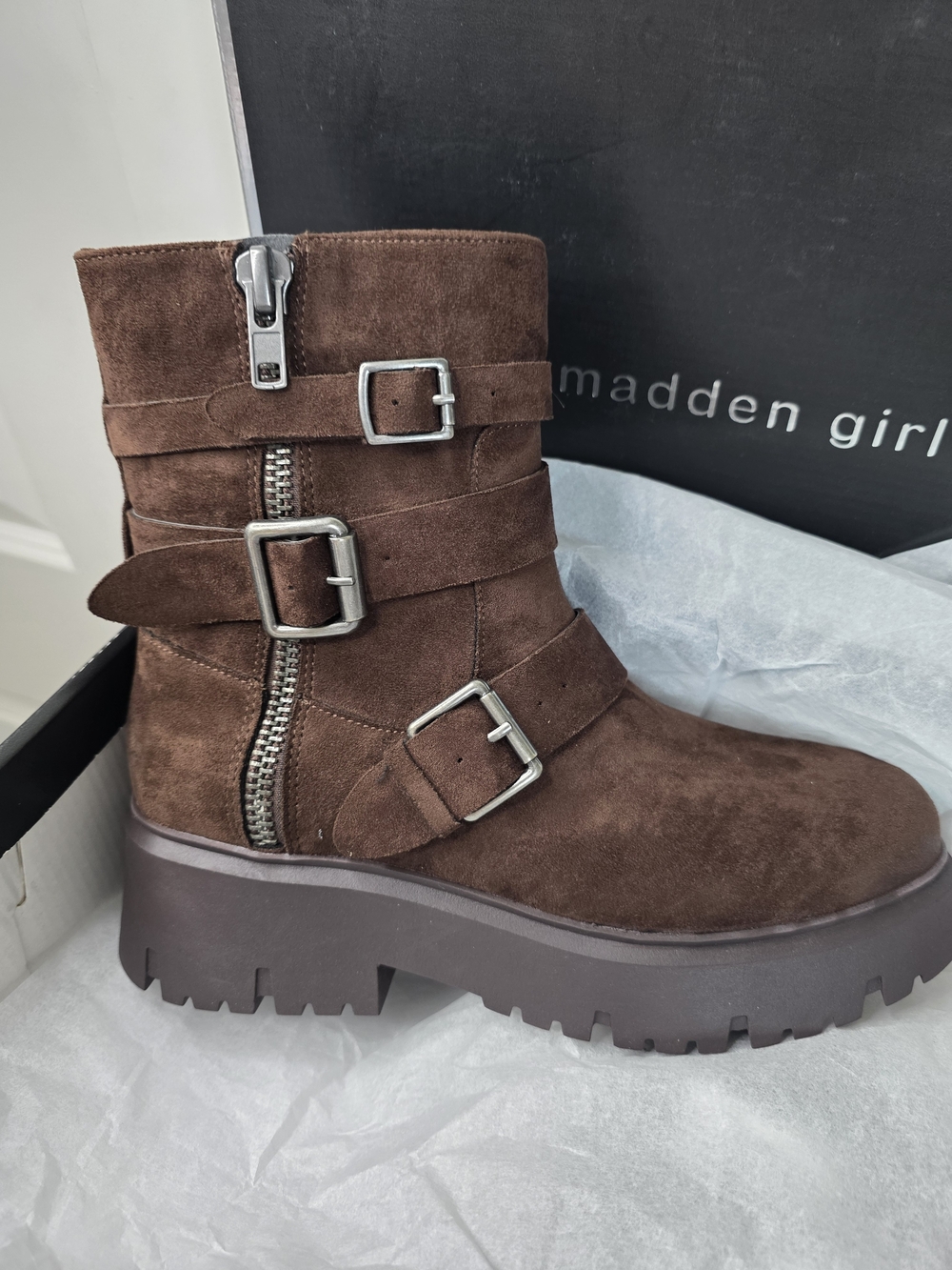 Madden Girl Brown Suede Buckle Lug Ankle Boot